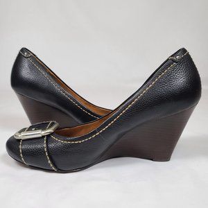 Fossil Black Leather Buckle Wedge Shoes, 8.5